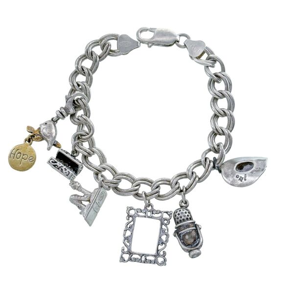 Vintage Sterling Silver 925 Charm Bracelet with 6 Unique Charms 7" - Picture 1 of 6
